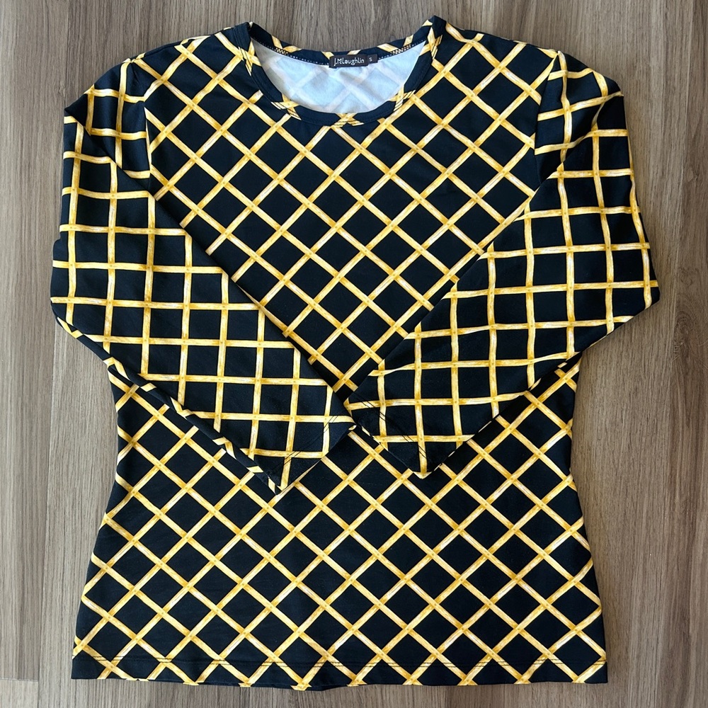 J. McLaughlin Top S Black Yellow Lattice Print Long 3/4 Sleeve Catalina Cloth